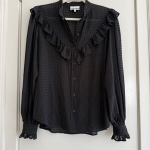 Ganni Patterned Mock Neck Button-Up Top in Seersucker Chiffon. Size M